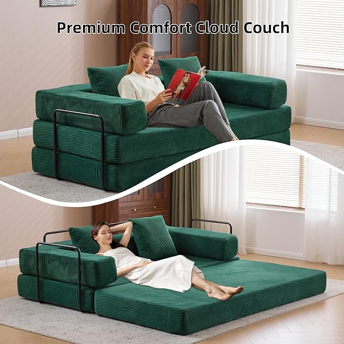 Convertible Floor Sofa Bed, Fold Out Floor Couch with Pillow Back & Armrest, Compressed Couch with Fixed-Shape Frame, Corduroy Foldable Sleeper Sofa Bed for Living Room Bedroom, Dark Green
