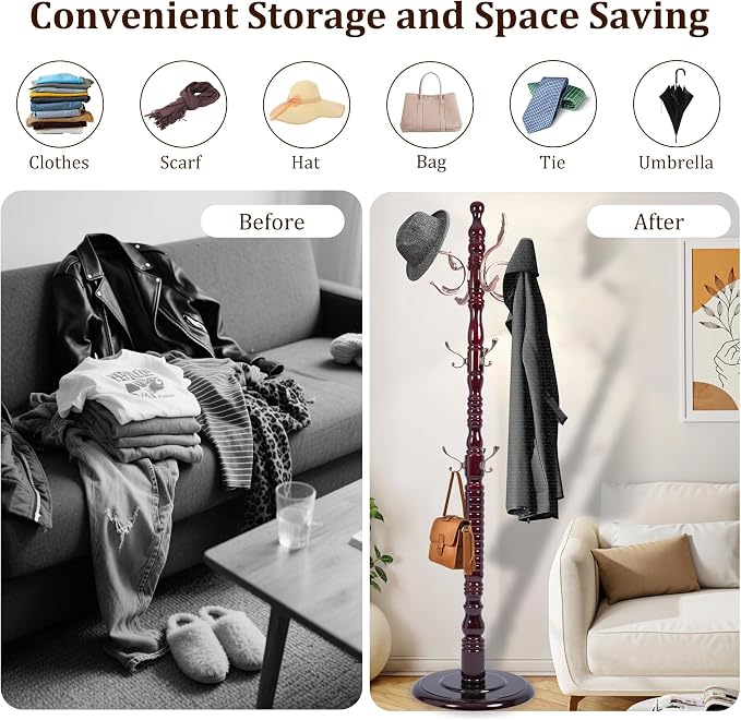 73'' Vintage Coat Racks Freestanding with 20 Metal Hooks, Solid Wood Coat Rack Hanger Stand with 3 Adjustable Size, Heavy Duty Coat Rack Tree for Entryway, Bedroom, Hallway, Office, Apartment - Image 3