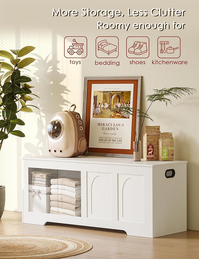 DINZI LVJ Storage Chest, 50” Extra Large Storage Bench with 2 Safety Hinges, Wooden Toy Box with Flip-Top, Large Trunk for Living Room, Playroom, Easy Assembly, White - Image 9
