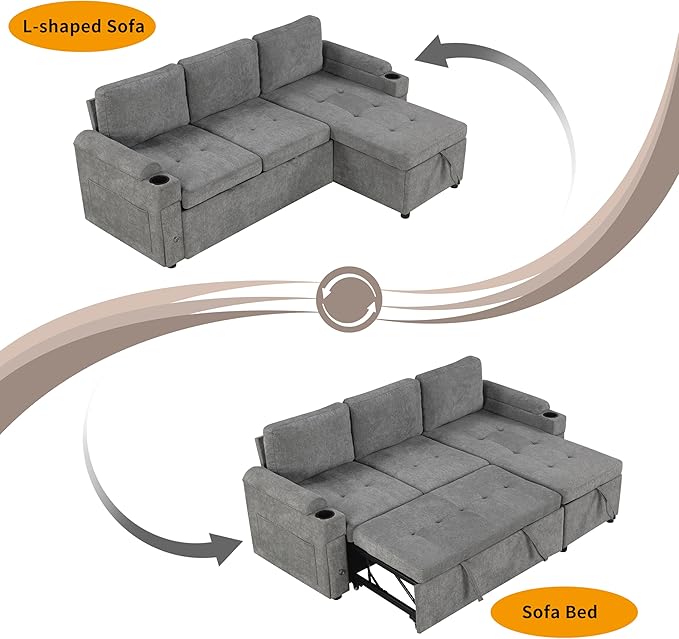 Eafurn 83.5" Sleeper Sectional Sofa with Pull Out Couch Bed, Convertible L-Shaped Sofa with Storage Chaise, Quick Assemble Sleeper Corner Sofa with Cup Holders & USB Ports