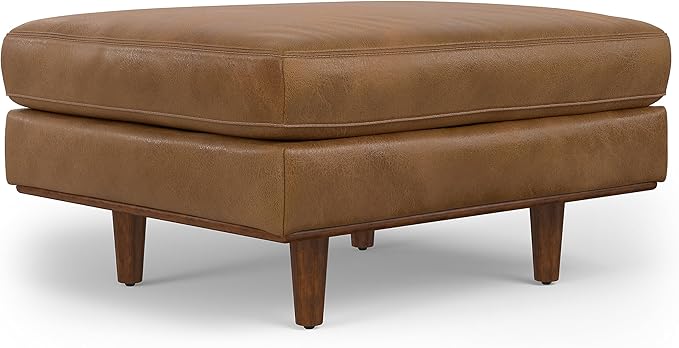 SIMPLIHOME Morrison Mid-Century Modern 72 inch Wide Sofa with Ottoman Set in Caramel Brown Genuine Leather for the Living Room and Family Room
