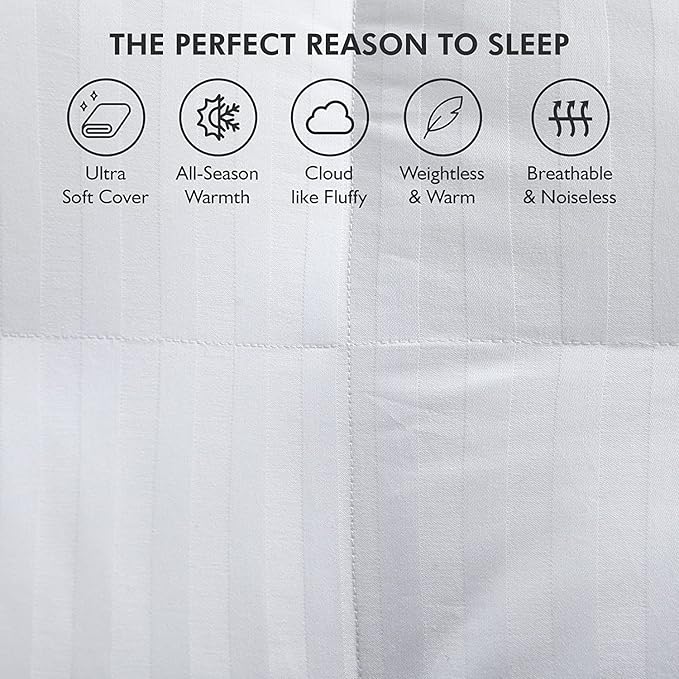 Luxurious Goose Down Feather Fiber Comforter California King Size All-Season Duvet Insert, Premium Baffle Box, 108 X 98 INCHES, 100% Egyptian Cotton Cover, 85 oz Fluffy Fill Weight - White Stripe