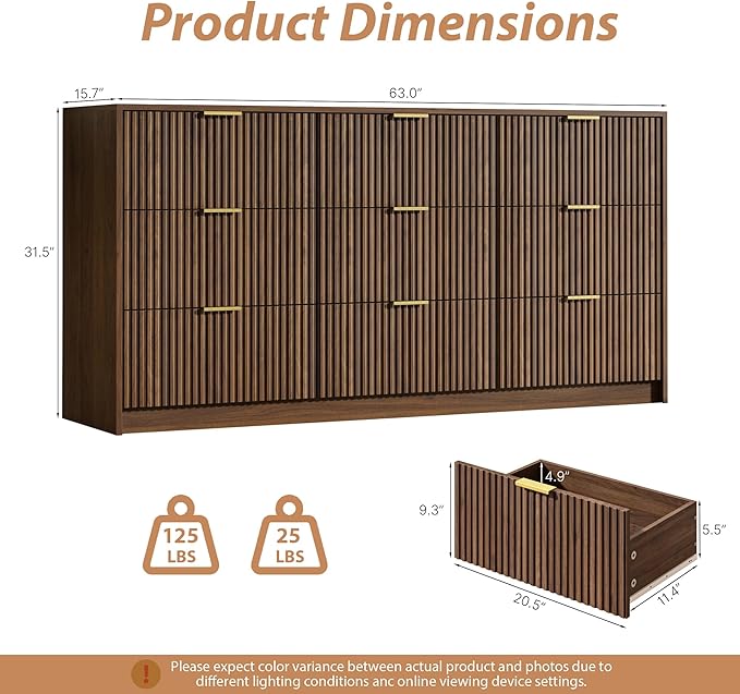 MAISONARIA 3-Piece Dresser Bedroom Set, 6 Drawer Dresser & 2 Drawer Nightstands with Gold Handles, Fluted Wood Chest of Drawers for Bedroom, Living Room, Entryway, Walnut
