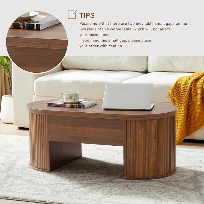 ORRD Lift Top Coffee Table, Fluted Coffee Table with Lifting Top, Wooden Lift Up Dining Table with Hidden Compartment, Center Table for Living Room, Office - Walnut
