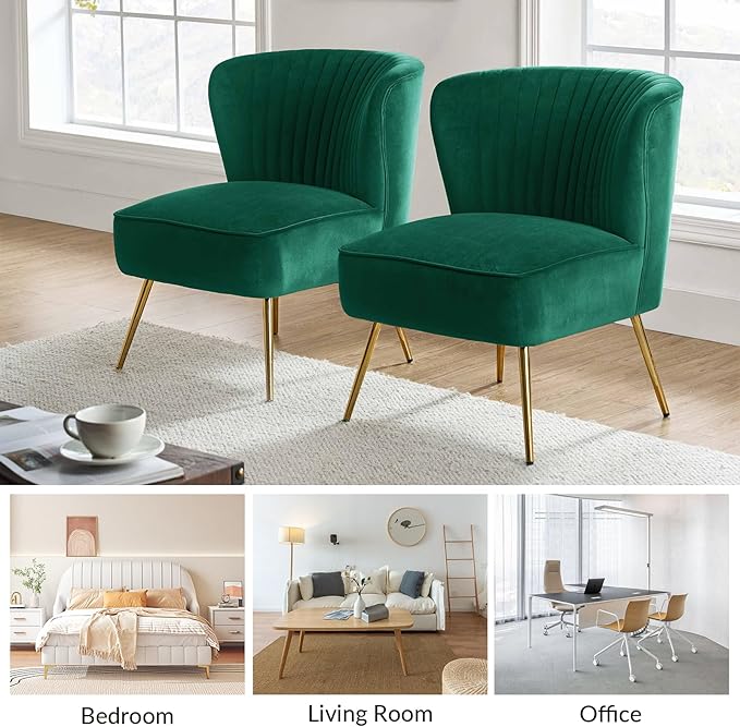 HULALA Home Velvet Accent Chair Set of 2, Modern Armless Upholstered Side Chair with Glam Gold Metal Legs for Vanity Living Room Bedroom - Green