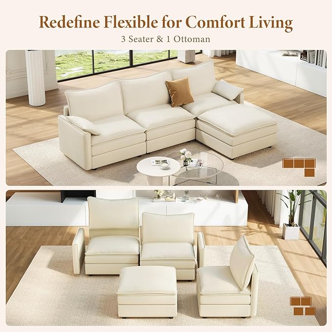 Vesgantti 108" Modular Sectional Sofa, Comfy Cloud Couch with Movable Ottoman Deep Seat Chenille L Shaped Modular Sofa, Sectional Couches for Living Room, Bedroom and Apartment, Beige White