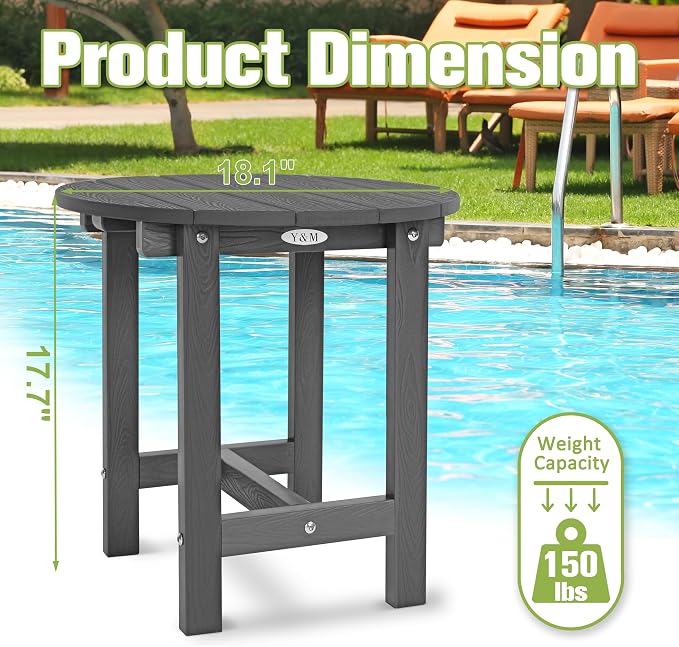 Y&M Outdoor Side Table, Waterproof Four-Legged Round Entryway End Table, Single-Tier HDPE Modern Small Coffee Nightstand for Bedroom, Living Room, Patio, Indoor or Outdoor Use, Dark Gray - Image 5