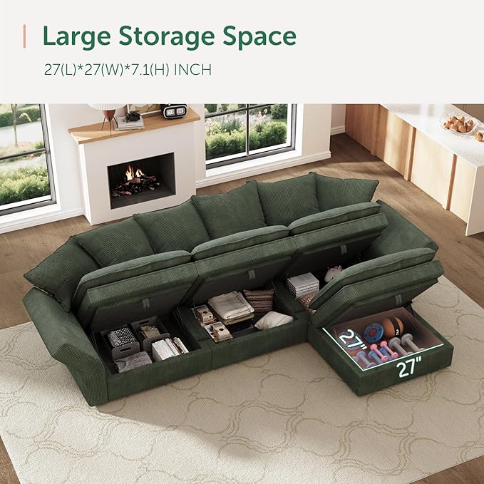HONBAY Corduroy Ottoman, 31.5 Inch Square Ottoman Bench with Storage for Living Room, Green