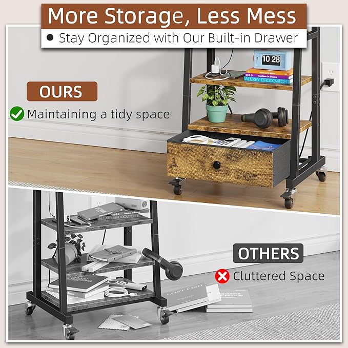 Rolling TV Stand with Wheels and Mount & Fabric Drawer - Entertainment Center with Power Outlet and Small TV Stand for Bedroom, Living Room - 15" Rustic Brown - Image 3