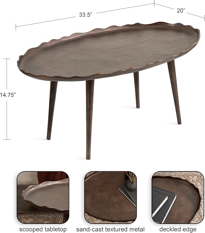 Kate and Laurel Alessia Transitional Oval Coffee Table, 34 x 20 x 15, Bronze, Metal Living Room Table for Storage and Display with Antique Deckled Edge Detailing