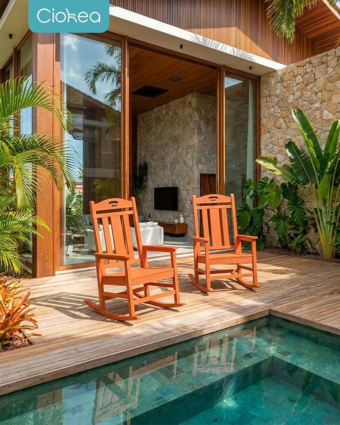 Ciokea Oversized Outdoor Rocking Chair, 380lbs Heavy-Duty Large Patio Rocker, Weather Resistant & Anti-Fade Porch Chair, High Back Cozy Rocking Chair for Outside, Fire Pit, Deck, Garden, Orange - Image 2