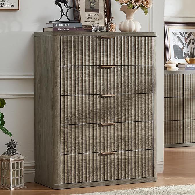 LEYAOYAO Fluted 5 Drawers Dresser for Bedroom, 41" Tall Modern Chest of Drawers with Metal Handle, Curved Profile Farmhouse Closet Organizer Wood Dressers TV Stand for Living Room, Hallway,Grey by LEYAOYAO-Findtheshiningpointofyourideallife%EF%BC%81