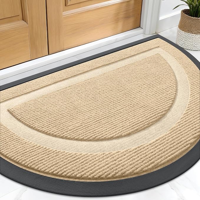 OLANLY Half Circle Door Mat Indoor Outdoor Entrance Welcome, Waterproof All-Season, All-Weather Doormat, Sturdy Natural Rubber, Low Profile, Easy Clean Patio Porch Entryway Mat, 29.5x17, Beige by OLANLY