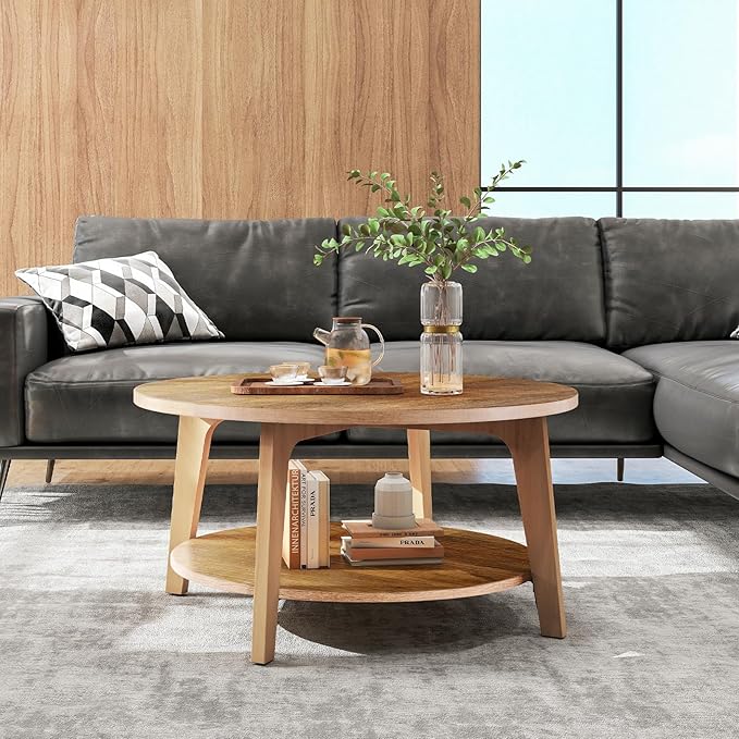 OLIXIS Round Coffee Table, 31.5'' Wood Coffee Tables for Living Room with Storage, 2-Tier Center Circle Counter with Wooded Desktop, 50 lbs Capacity, Anti-Slip Feet, Modern Farmhouse Design, Brown