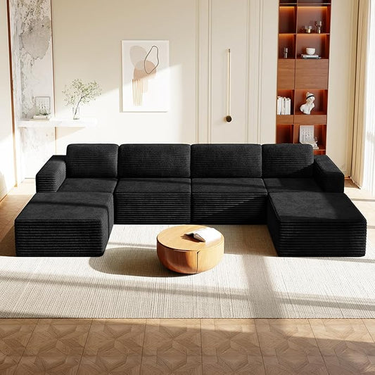 Vesgantti 159" Large Modular Sectional Sofa, U-Shaped Corduroy Cloud Couch with Deep Seats & Spring Support, 4-Seater Boneless Sofa with 2 Movable Ottomans, No Assembly Needed, Black