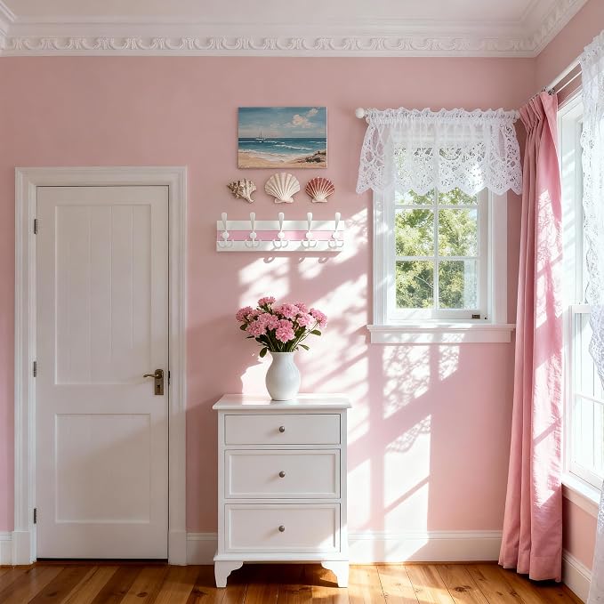 SKOLOO Coastal Wall Mounted Coat Rack-16.88" Beach House Entryway Wooden Coat Hook with 5 Hooks for Hanging Coats, Hats or Towels, Oceanfront Cottage Core Collection, White&Palm Beach Pink, Pack of 2 - Image 4
