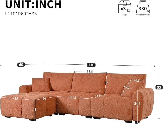 ERYE 110" L-Shaped Sectional Sofa 4 Seat Tufted Sofa Couches with Ottoman, Oversized Tufted Boucle Upholstered Corner Sectional Couch for Living Room Home Apartment
