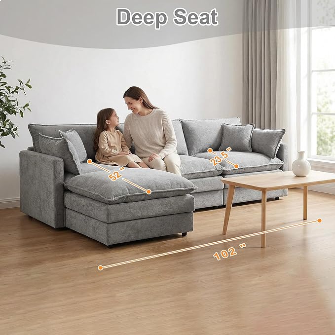102" Cloud Couch Sectional, Modular Sectional Sofa with Chaise & 4 Removable Washable Pillows, Oversized L-Shaped Couch for Living Room, Modern 3-Seat Cloud Sofa Sectional with Deep Seat, Gray