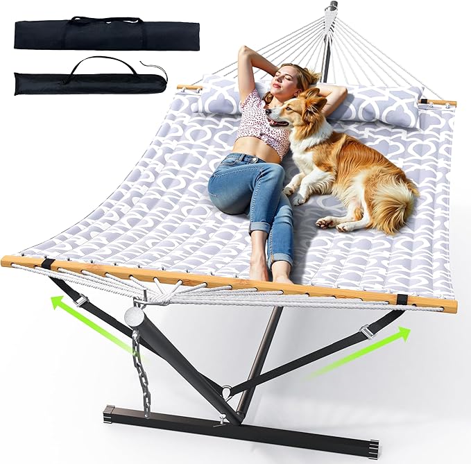 ANAGOO Double Hammock with Stand, Heavy Duty Outdoor Hammock for Two, 500 LBS Capacity, Stable Steel Frame with Balance Strap, Easy Tool-Free Assembly for Patio, Garden, Backyard & Beach,White Grey by ANAGOO