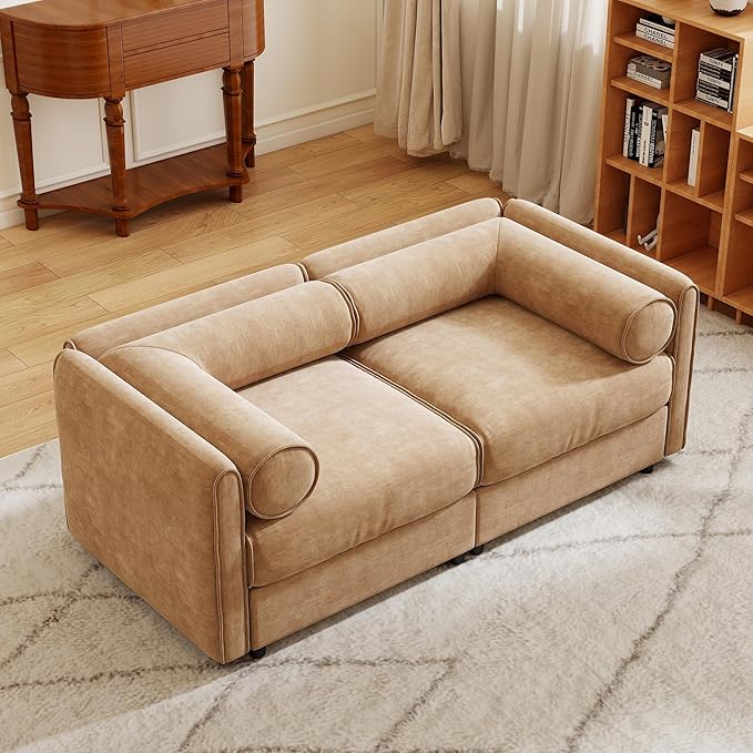 KEIKI 76" Oversized Modular Loveseat Chenille Sectional Sofa with Storage Seat, Modern Style 2-Seater Couch with Cylindrical Backrest and Armrests, Easy Assembly, for Apartment, Living Room, Camel
