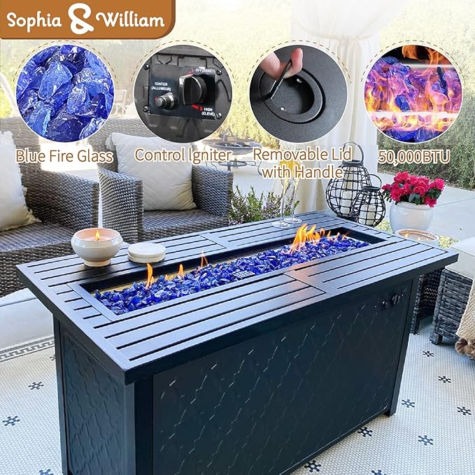 Sophia & William Patio Furniture Sets for 7 with 45" Gas Fire Pit Table Outdoor Conversation Sets 6 Pcs, 2 x Swivel Cushioned Sofa Chairs, 1x3-Seat Sofa, 2xOttomans for Backyard Poolside Blue