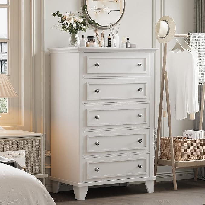 GAOMON White 5 Drawer Dresser for Bedroom, 48" Tall Wood Dresser & Chests of Drawers with Deep Drawers, Modern Chest Organizer with Metal Handles for Living Room, Hallway, Entryway - Image 4