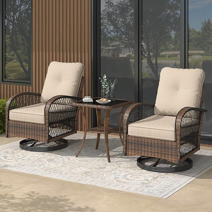 EROMMY 3 Pieces Patio Furniture Set, Outdoor Swivel Rocker Patio Chairs, Wicker Patio Bistro Set with Rocking Chair, Thickened Cushions and Glass Coffee Table for Backyard, Garden, Khaki