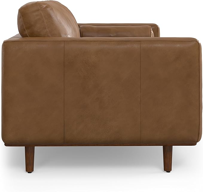 SIMPLIHOME Morrison 89-inch Wide Sofa in Caramel Brown Top Grain Genuine Leather, Mid-Century Modern Design Couch for Living Room, Single Bench Cushion, 2 Back Cushions, 2 Bolster Pillows