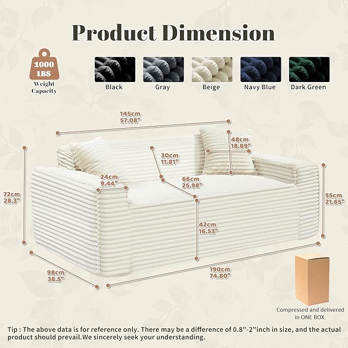 75" Cloud Loveseat Sofa, 26" Deep Seat Boneless Couches for Living Room, Modern 3 Seater Sofa with Throw Pillows, Corduroy Compression Sofa in Box, No Assembly Couch for Bedroom, Dorm, Beige