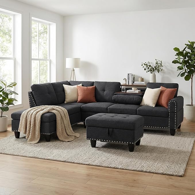 3-Piece L-Shaped Modular Sofa – Convertible Sectional Couch with Movable Chaise & Storage Ottoman, Multi-Scene Use for Living Room, Apartment & Office, Black Grey