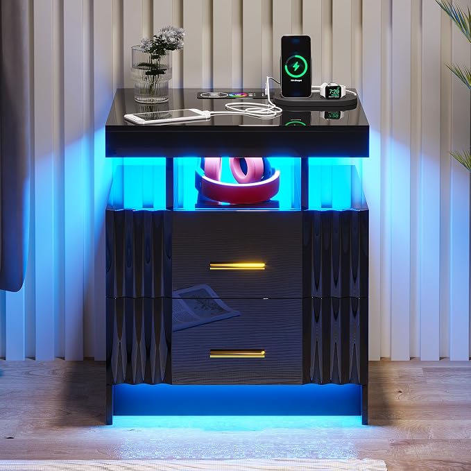 Nightstand with Wireless Charging Station, Bedroom Bedside Table with RGB Lights, Smart Night Stand with 2 Drawers, Bedside Tables Modern Bedside Table for Bedroom, Living Room(Black) - Image 8