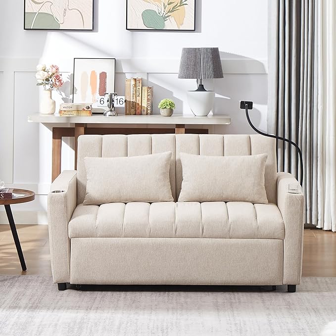 Eafurn 3 in 1 Convertible Sleeper Sofa Bed - Pull Out Couch Bed with Side Pockets, 55.9" Futon Love Seat Sleeper with Cup Holders and 360°Swivel Phone Holder for Living Room