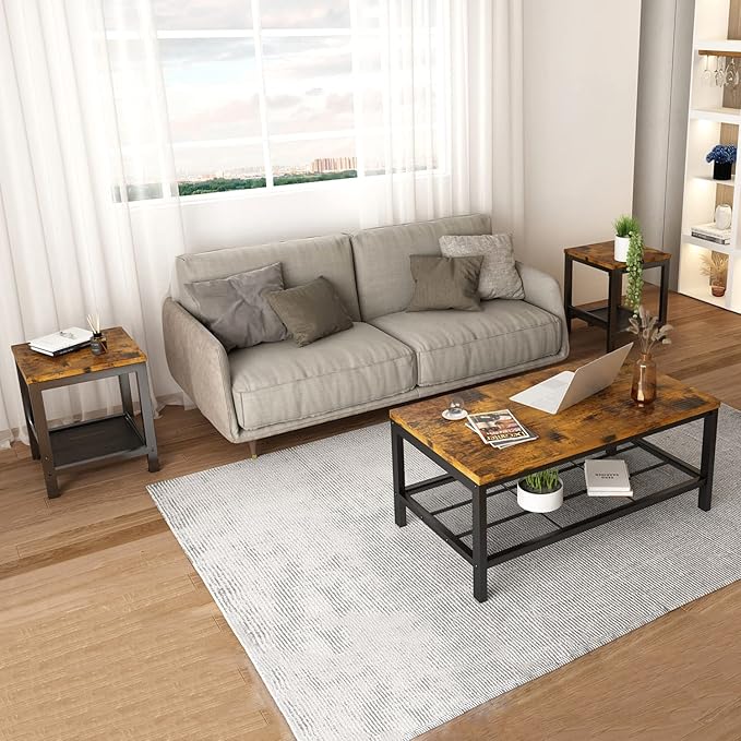 Lamerge 3 Pieces Living Room Table Set, Industrial Coffee Table with 2 Square End Side Tables, Coffee Table Set with Metal Frame for Apartment Home Office, Rustic Brown