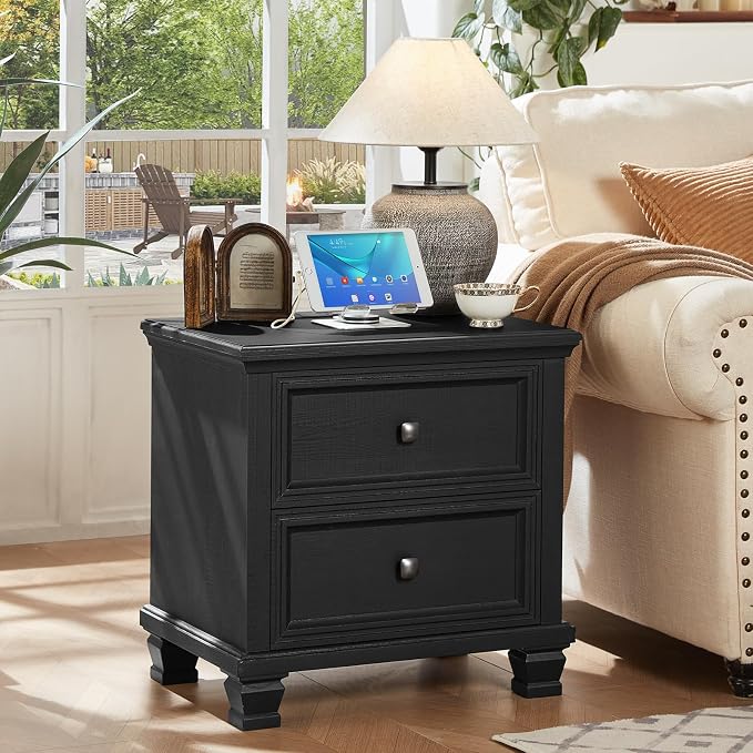 SAVOR LIFE Farmhouse Nightstand with Charging Station, Rustic Low Night Stand with 2 Drawers, Mid-Century Modern End Table with 4 Square Solid Wood Legs, Small Dresser for Bedroom, Home, Black - Image 7