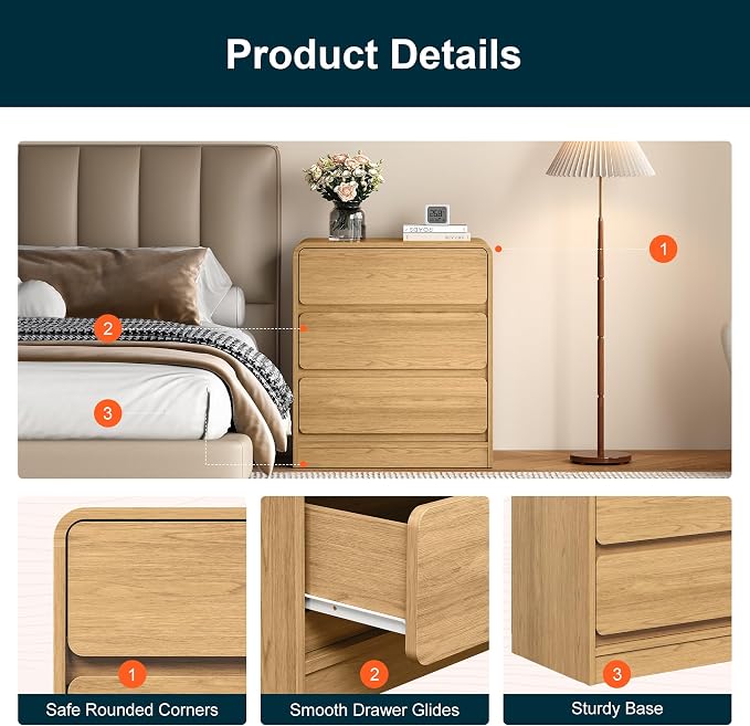 RoyalCraft Oak 3 Drawer Nightstand Set of 2, Wood End Table with Curved Design, Modern Night Stand with Storage, Small Dresser for Bedroom, Home Office, Entryway - Image 4