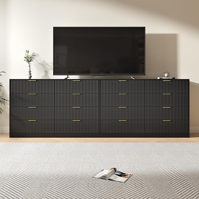 Black Dresser Set of 2, Large Dresser for Bedroom Wooden with 16 Drawers, Fluted Modern Bedroom Furniture Set, TV Stand Dressers & Chests of Drawers for Closet (15.7" D x 110.2" W x 36" H)