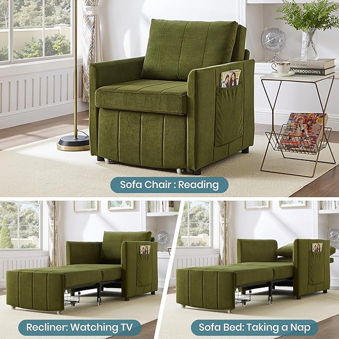 Ball & Cast 31.5" Futon Sofa-Bed,Convertible Pull Out Couch with Storage Basket,Sleeper Sofabed W/Adjustable Backrest and Side Pocket,Chaise Lounge for Living Room,Chenille Fabric,Green