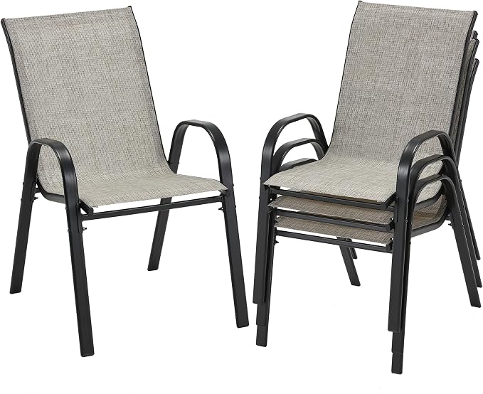 HOMREST Patio Chairs Set of 4,Outdoor Dining Chairs with Armrests,Backyard Stackable Chairs with Breathable Fabric & Metal Frame for All Weather, Grey by HOMREST