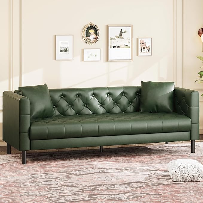 IDEALHOUSE 81" Mid-Century Modern Leather Sofa for Living Room, Chesterfield Sofa with Deep Seats and 2 Pillows, 3 Seater Couch with Button Tufted, Leather Couch for Apartment, Office, Green