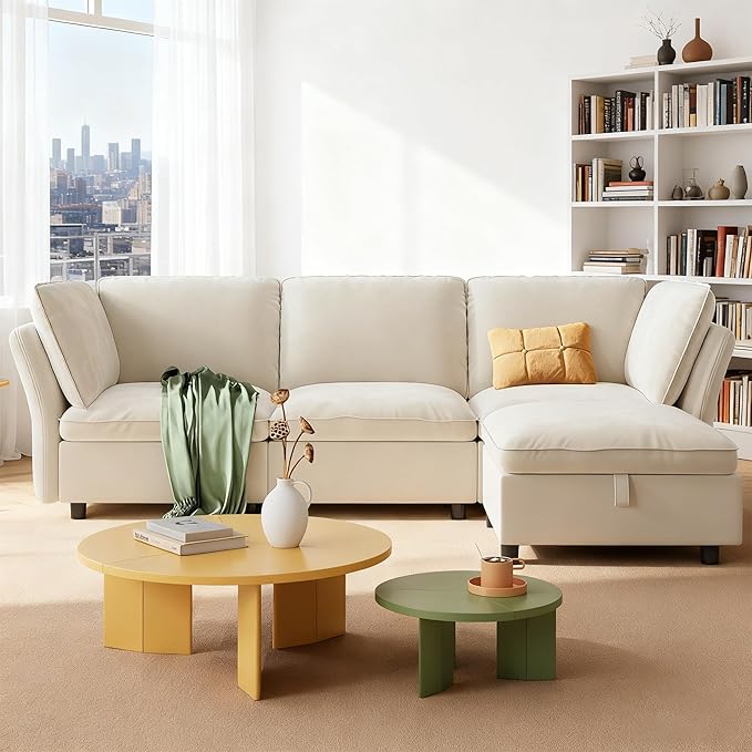 IDEALHOUSE 97" Modular Sectional Sofa, L-Shaped Modular Couch with Storage, 4-Seater Comfy Cloud Couch with Movable Ottoman, Deep Seat, Modern Sectional Couches for Living Room Bedroom, Beige