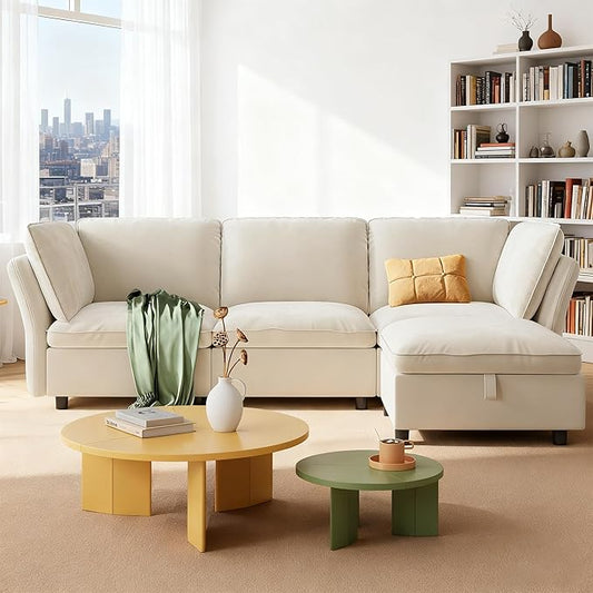 IDEALHOUSE 97" Modular Sectional Sofa, L-Shaped Modular Couch with Storage, 4-Seater Comfy Cloud Couch with Movable Ottoman, Deep Seat, Modern Sectional Couches for Living Room Bedroom, Beige