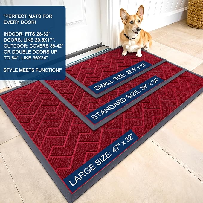 OLANLY Front Door Mat Indoor Outdoor Entrance, Waterproof All-Season, All-Weather Doormat, Sturdy Natural Rubber, Low Profile, Easy Clean Patio Porch Entryway Mat, Herringbone Brick (Wine Red, 71x23) - Image 2