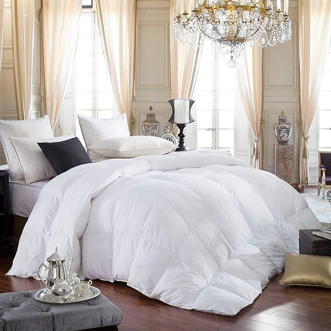 EGYPTIAN BEDDING 600-Thread-Count Egyptian Cotton Siberian Goose Down Comforter, 80 oz. Fill Weight, Cal King, Solid White (California King Size)
