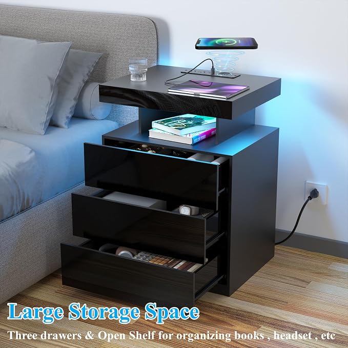 HOMMPA Nightstand with Charging Station and LED Light, Smart Nightstand with USB Port & Wireless Charging, Modern Night Stand with 3 Drawer, Black Beside Table with High Gloss Surface for Bedroom - Image 5