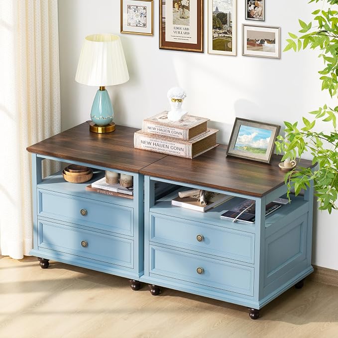 Joaxswe Farmhouse Nightstand with Charging Station, 24" Wide End Table with 2 Drawers, Light Blue Dresser for Bedroom,Wood Bed Side Table Chest of Drawers Cabinet,Night Stand for Living Room,Closet - Image 7