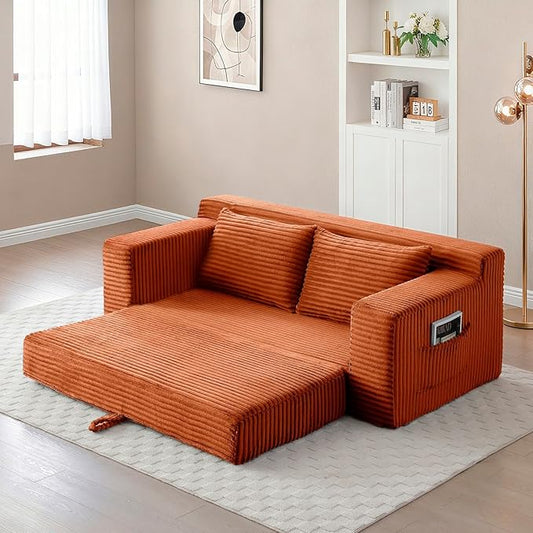 Convertible Sofa Bed, 2 in 1 Memory Foam Futon Couch, No Assembly Corduroy Foldable Sofa Bed, Comfy Floor Couch with 2 Pillows for Bedroom, Living Room, Apartment, Orange