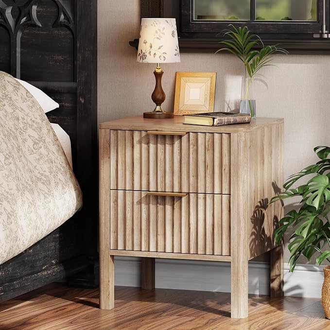 MODNEST 18" Fluted Nightstands Set of 2, Bed Side Tables with Drawers for Bedroom Mid Century Modern Night Stand Wood Nightstand Small End Table Bedroom Set, Oak - Image 3