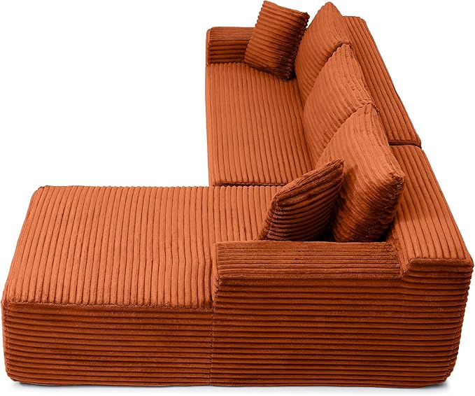 105-Inch L-Shaped Right Facing Corner Compressed Sofa Modular Sectional Boneless Cloud Sofa Floor Foam Couch with Chaise Lounge, Corduroy Corner Boneless Cloud Couch