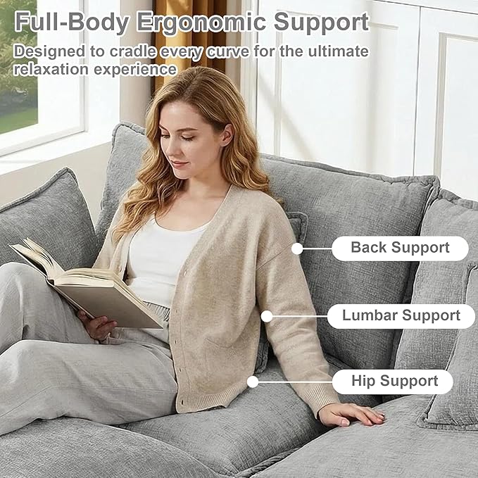 102" Cloud Couch Sectional, Modular Sectional Sofa with Chaise & 4 Removable Washable Pillows, Oversized L-Shaped Couch for Living Room, Modern 3-Seat Cloud Sofa Sectional with Deep Seat, Gray