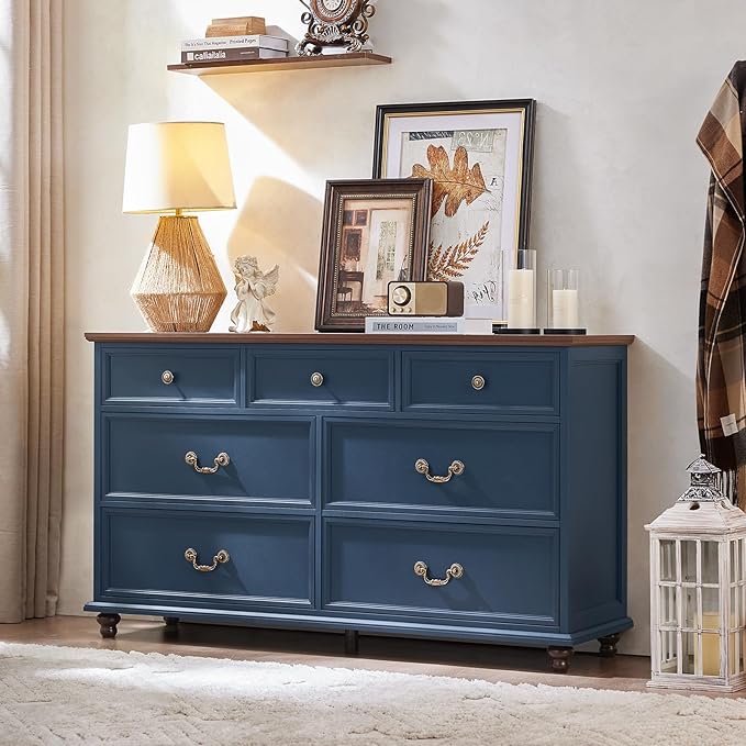 Joaxswe 24" Wide Farmhouse Nightstand with Charging Station Set of 2,54" 7 Drawers Dresser, 45" Tall Rustic Chests of 5 Drawers, Farmhouse Furniture Series for Bedroom,DarkBlue